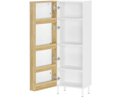 Weißer Hochschrank mit offener Holztür und Regalen