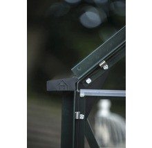 Detailansicht eines Gewächshauses mit Rahmen, Glaselementen und Belüftungssystem