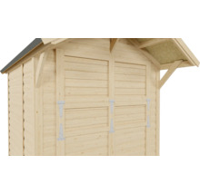 Detailansicht eines Holzgartenhauses mit Doppeltür und Satteldach