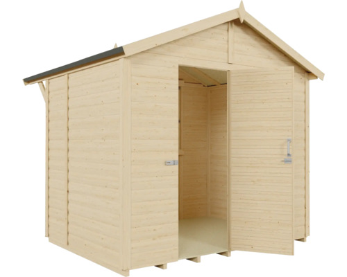 Holzgartenhaus mit geöffneten Türen