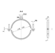 Technische Zeichnung einer Rohrschelle mit den Maßen 150 mm Durchmesser, M6, M8 und M10 Gewinde