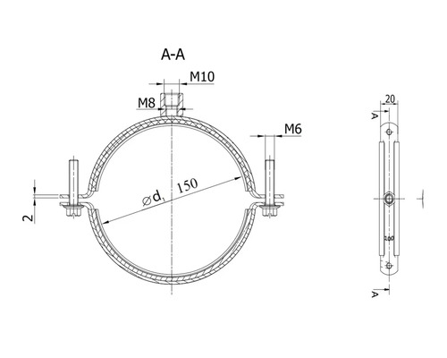 Technische Zeichnung einer Rohrschelle mit den Maßen 150 mm Durchmesser, M6, M8 und M10 Gewinde