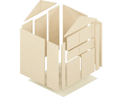 Explosionszeichnung eines Gartenhauses aus Holz