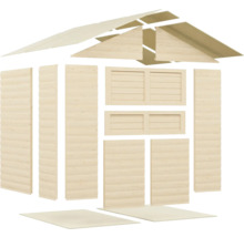 Einzelteile eines Gartenhauses aus Holz