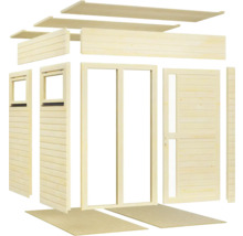 Einzelteile eines Gartenhauses aus Holz