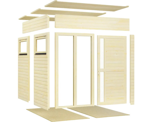 Einzelteile eines Gartenhauses aus Holz