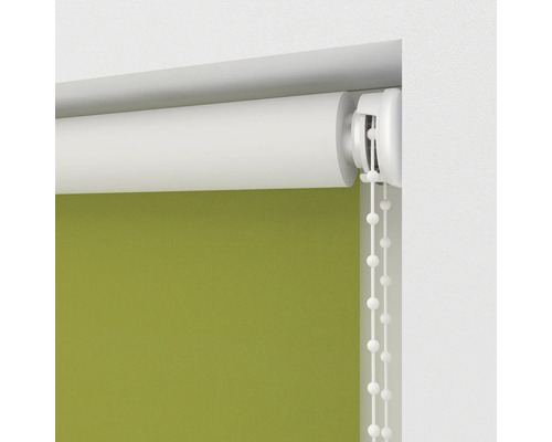 Grüne Rollos mit Kettenzug zur Fensterdekoration
