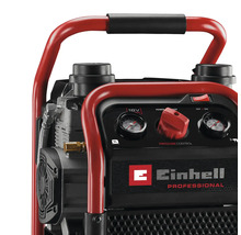 Einhell Logo. Detailansicht eines Einhell Akku-Kompressors mit Manometern und Druckregler.