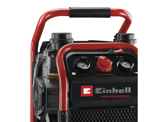 Einhell Logo. Detailansicht eines Einhell Akku-Kompressors mit Manometern und Druckregler.
