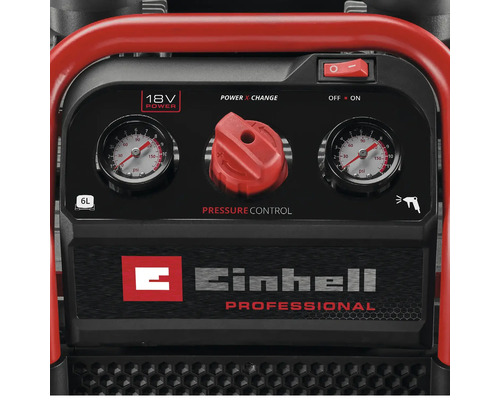 Einhell Professional 18 Volt Power X-Change Akku-Kompressor Detailansicht mit Druckanzeige und Druckregler