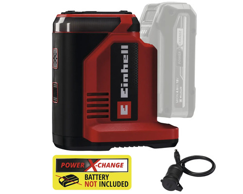 Einhell Akku-Hybrid-Lampe mit Power X-Change-Symbol und dem Hinweis, dass der Akku nicht im Lieferumfang enthalten ist