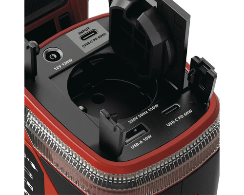 Anschlüsse eines tragbaren Akkus mit USB-A, USB-C und 230-Volt-Steckdose