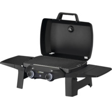 Schwarzer Gasgrill mit offenem Deckel und zwei Seitentischen