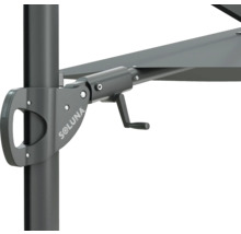 Detailaufnahme eines Sonnenschirms mit Kurbelmechanismus und Soluna Logo