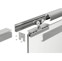 Details eines Schiebetürsystems mit Schiene, Rollen und Befestigungsmaterial