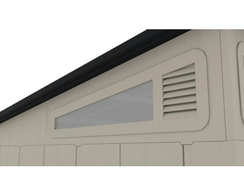 Detailansicht eines Gartenhauses mit Fenster und Lüftungsgitter