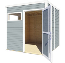 Gartenhaus mit offenstehender Tür und Fenster