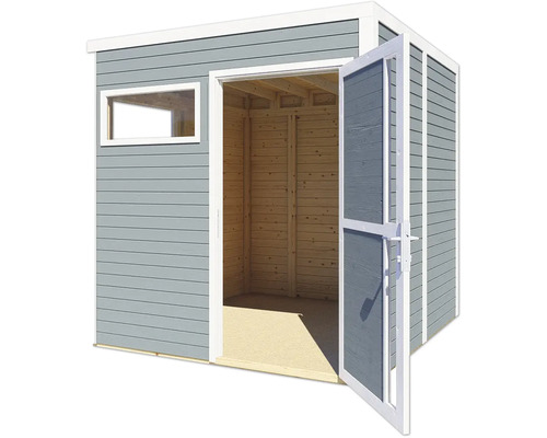 Gartenhaus mit offenstehender Tür und Fenster