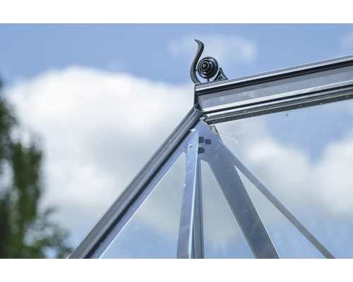 Detailansicht eines Gewächshauses mit Ornament auf dem Dach
