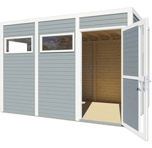 Gartenhaus mit zwei Fenstern und geöffneter Doppeltür