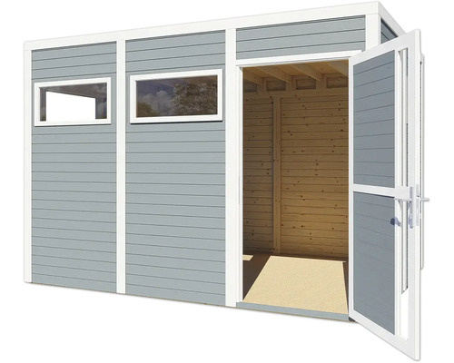 Gartenhaus mit zwei Fenstern und geöffneter Doppeltür