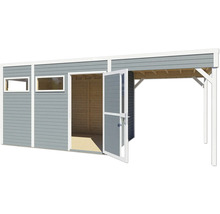 Holzgartenhaus mit zwei Fenstern und offener Doppeltür