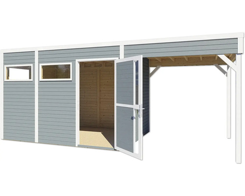 Holzgartenhaus mit Fenstern und offener Tür
