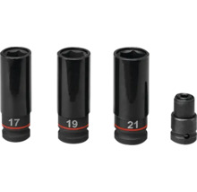 Satz Steckschlüssel-Einsätze mit den Größen 17, 19 und 21 sowie ein Adapter
