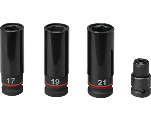 Satz Steckschlüssel-Einsätze mit den Größen 17, 19 und 21 sowie ein Adapter