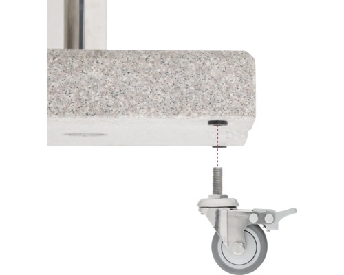 Mobiles Tischbein mit Feststellbremse unter einer Tischplatte