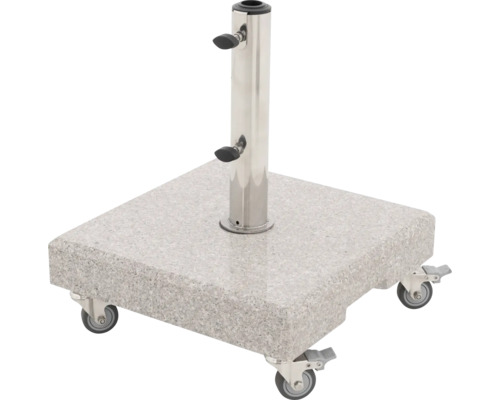 Quadratischer Sonnenschirmständer mit Rollen und einem Edelstahlrohr zur Schirmbefestigung.