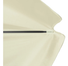 Detailansicht eines Sonnenschirms mit schwarzem Gestell und hellem Stoffbezug