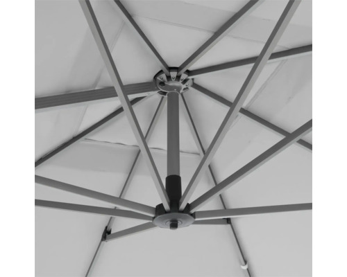 Detailaufnahme eines Sonnenschirms von unten, der das Gestell und die Konstruktion zeigt