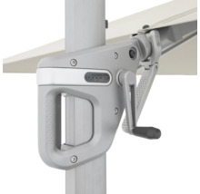 Detailansicht eines Sonnenschirms mit Handkurbel und Doppler Logo