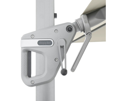 Detailaufnahme der Mechanik eines Sonnenschirms mit Kurbel und Doppler Logo.