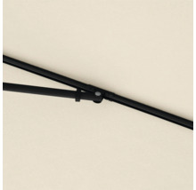 Detailaufnahme eines Sonnenschirms mit schwarzem Gestell und hellem Bezug