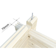 Detailansicht einer Holzecke mit einer Maßangabe von 70 mm und einer Schraube.