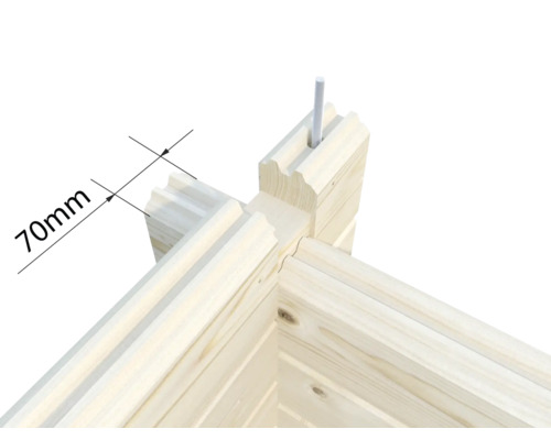 Detailansicht einer Holzecke mit einer Maßangabe von 70 mm und einer Schraube.