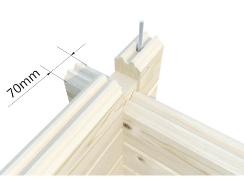 Detailansicht einer Blockbohlenwand mit einer Stärke von 70 Millimeter.