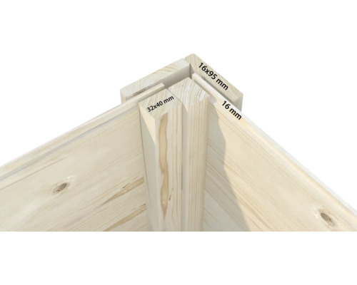Eckverbindung aus Holz mit Maßangaben