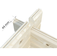 Detailansicht einer Holzecke mit einer Stärke von 44 Millimeter
