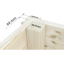 Detailansicht einer Holzkonstruktion mit Maßangaben: 44 Millimeter, 19x95 Millimeter und 70x70 Millimeter.