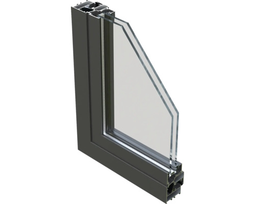 Querschnitt eines Fensters mit Aluminiumrahmen und Doppelverglasung.