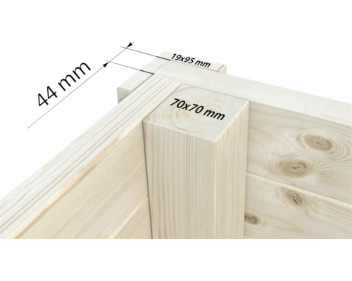 Detailansicht einer Holzecke mit Maßangaben: 44 mm, 19 x 95 mm, 70 x 70 mm