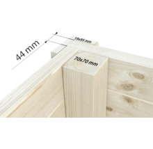 Detailansicht einer Holzkonstruktion mit Maßangaben zu Holzbalken und Wandstärke