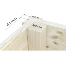 Detailansicht einer Holzecke mit Maßangaben: 44 mm, 19x95 mm und 70x70 mm.
