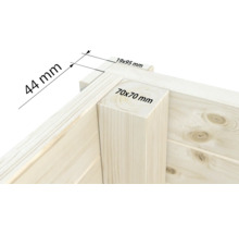 Detailansicht einer Holzecke mit den Maßen 44 mm, 19 x 95 mm und 70 x 70 mm.