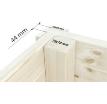 Detailansicht einer Holzecke mit Maßangaben 44 mm, 19 mal 95 mm und 70 mal 70 mm