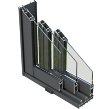 Querschnitt eines Aluminium-Schiebefensters mit Dreifachverglasung