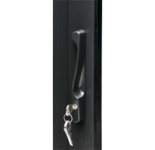 Schwarze Tür mit Griff und Schlüssel